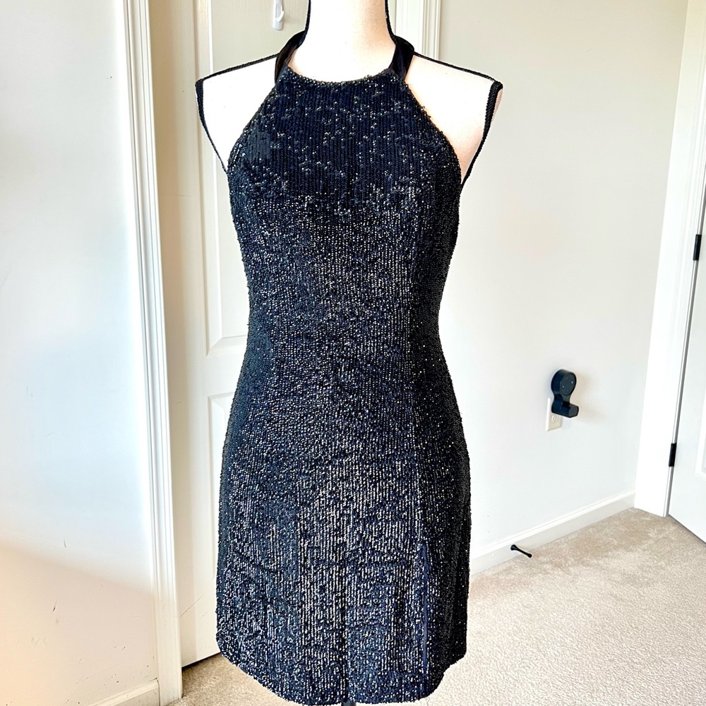 Vintage BASIX II Sequin Halter Backless Mini Evening Cocktail Dress—SZ. 2